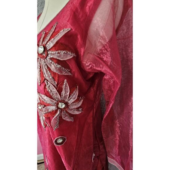 VTG Indian Bollywood Kurta Dress Kameez Hippie Boho Red Sheer Flowers 42 Large - Picture 3 of 5